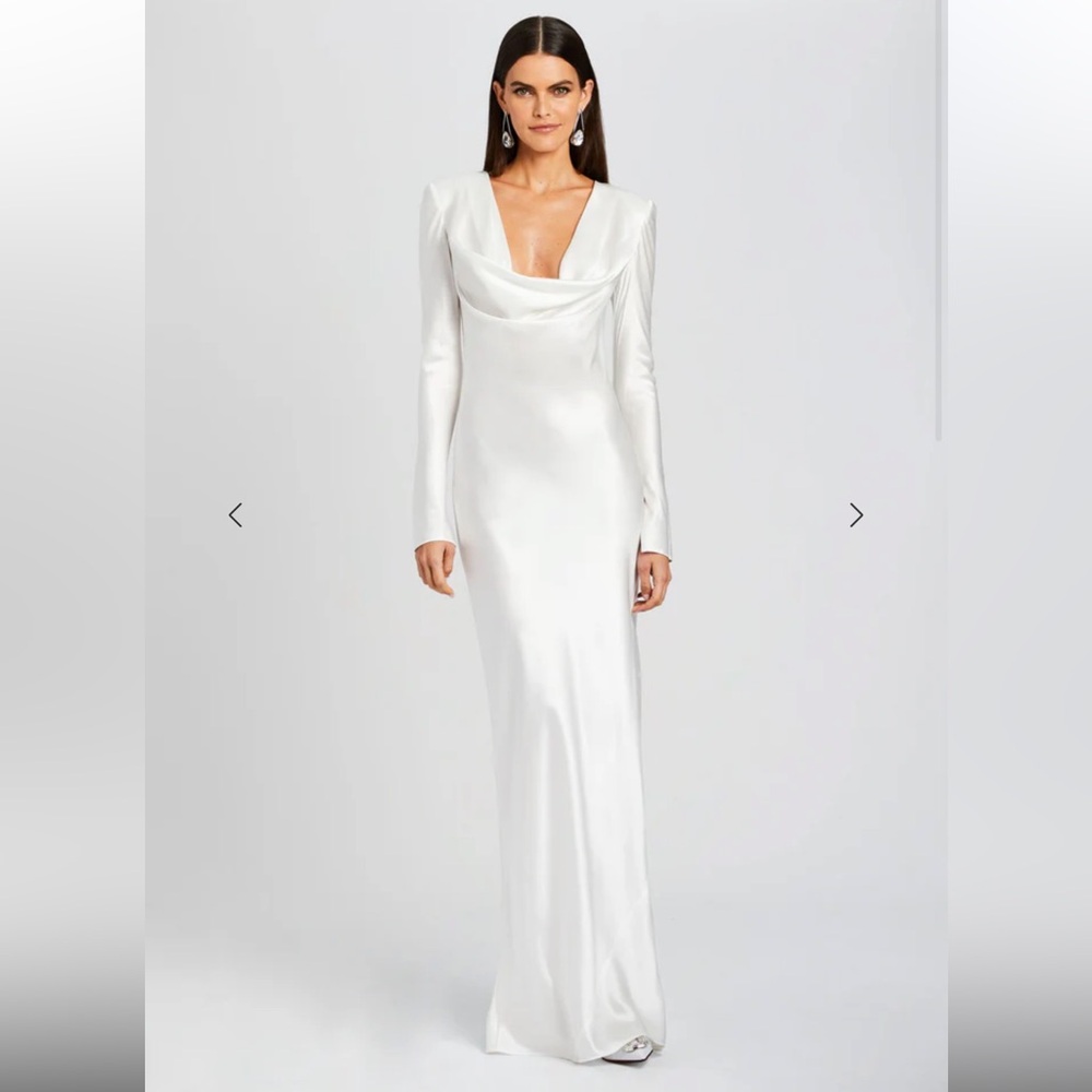 NEW Sans Faff Anna Cowl‎ Evening Elegant White Satin Long Sleeve Dress